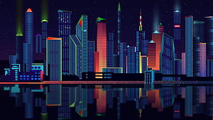 Neon-lit futuristic city skyline at night with water reflection and glowing skyscrapers HD wallpaper