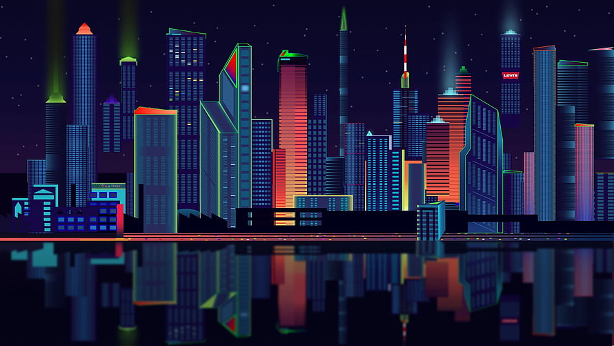 Neon-lit futuristic city skyline at night with water reflection and glowing skyscrapers HD wallpaper