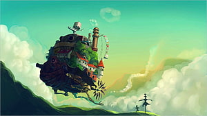 Howl's Moving Castle Steaming Through Clouds in a Whimsical Fantasy Landscape HD wallpaper