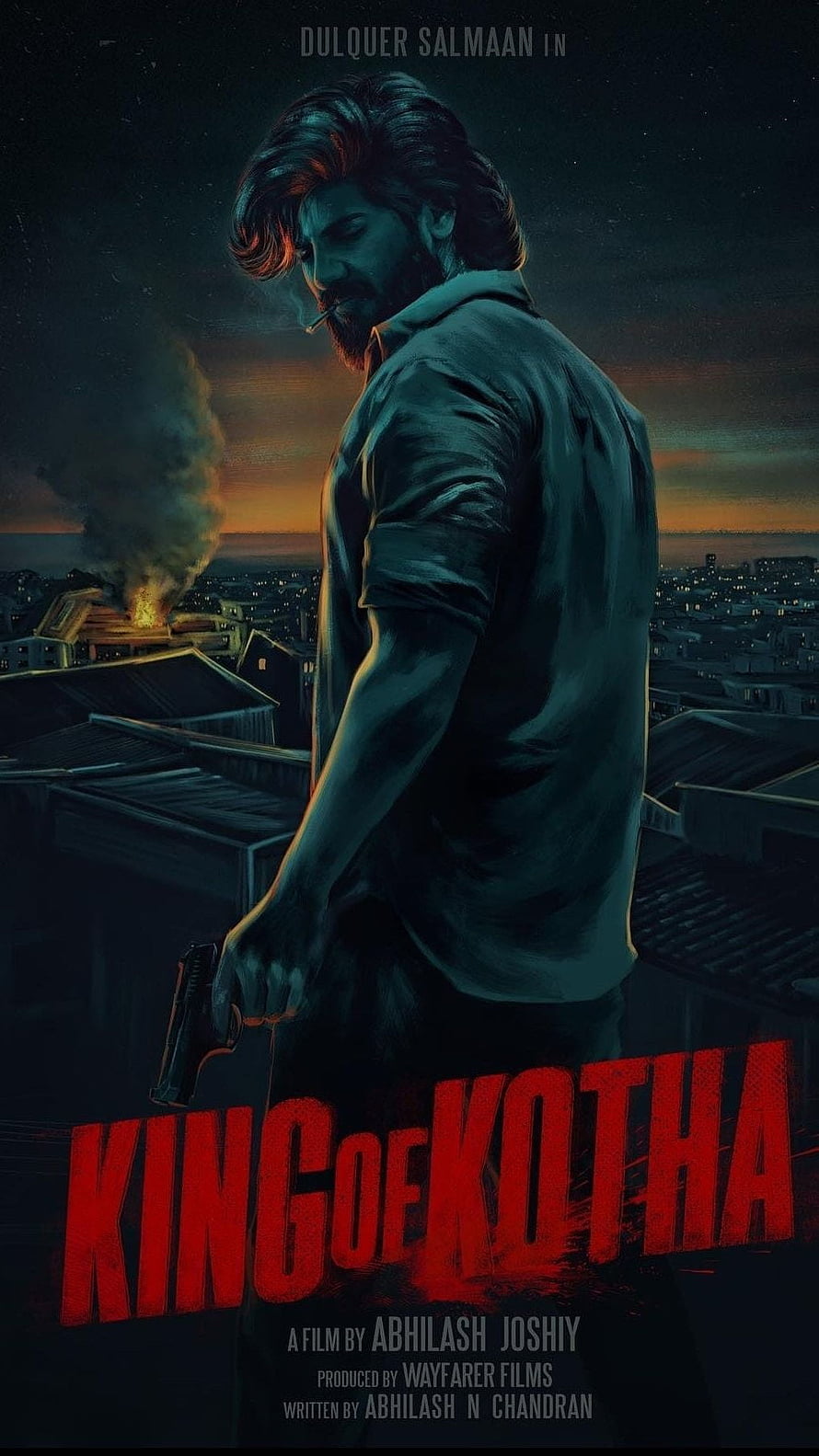King of Kotha Movie Poster Featuring Dulquer Salman on a Rooftop at Dusk HD phone wallpaper