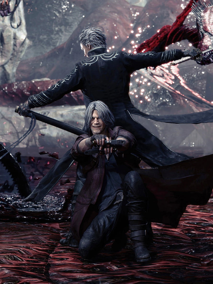 Devil May Cry 5 Dante and Vergil Dual Wielding Swords in Dark Battlefield HD phone wallpaper