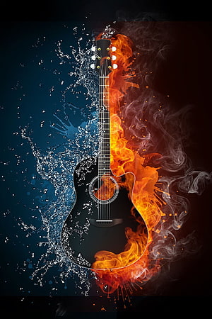 Acoustic Guitar Split by Fire and Water with Dramatic Smoke and Splash Effects HD phone wallpaper