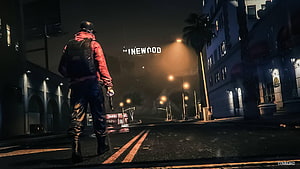 GTA 5 Roleplay Night Scene: Character in Red Jacket on Rainy Vinewood Street HD wallpaper