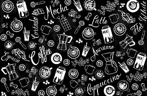 Hand-drawn coffee doodle pattern with espresso, latte, and mocha text on a black chalkboard background HD wallpaper
