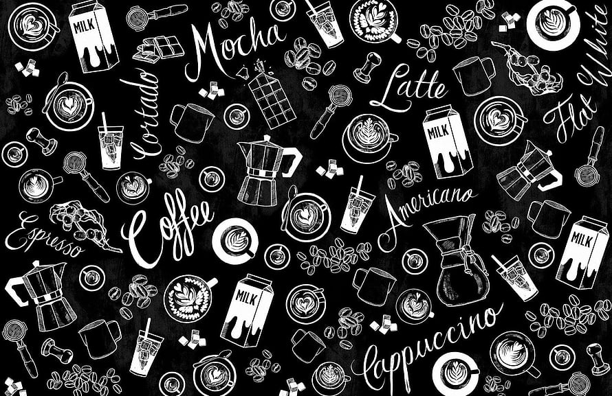 Hand-drawn coffee doodle pattern with espresso, latte, and mocha text on a black chalkboard background HD wallpaper