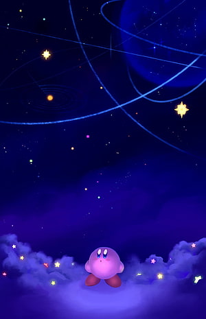 Kirby Floating on Clouds Beneath a Starry Night Sky with Constellations HD phone wallpaper