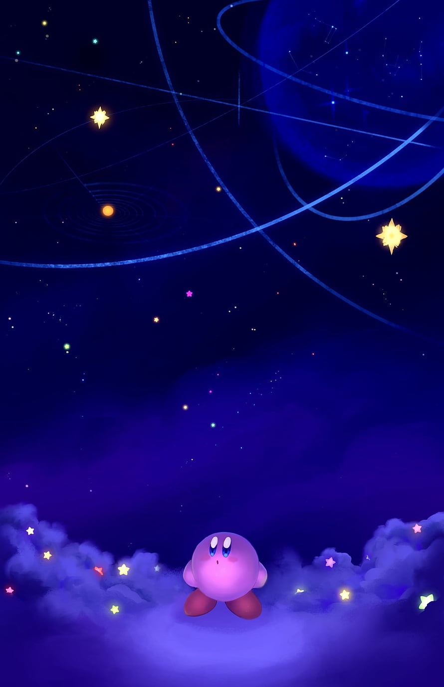 Kirby Floating on Clouds Beneath a Starry Night Sky with Constellations HD phone wallpaper