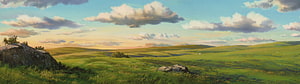 Studio Ghibli Style Rolling Green Hills and Dramatic Clouds at Golden Hour HD wallpaper