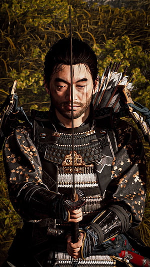 Jin Sakai from Ghost of Tsushima in ornate samurai armor holding a katana with a quiver of arrows HD phone wallpaper