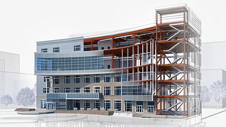 Modern Commercial Building Architectural Rendering with Exposed Steel Structure HD wallpaper