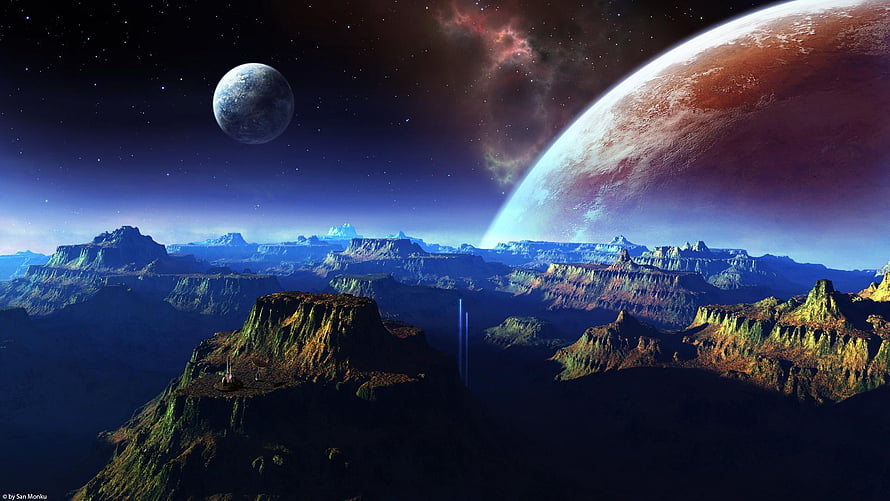 Alien Planet Landscape with Giant Moon and Nebula in Deep Space HD wallpaper