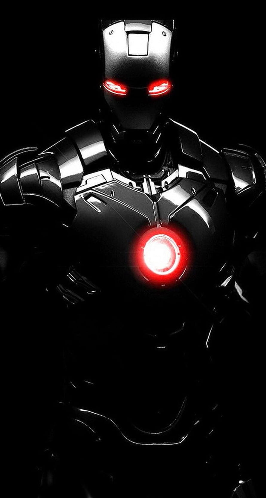 Dark Iron Man Armor with Glowing Red Arc Reactor and Eyes HD phone wallpaper