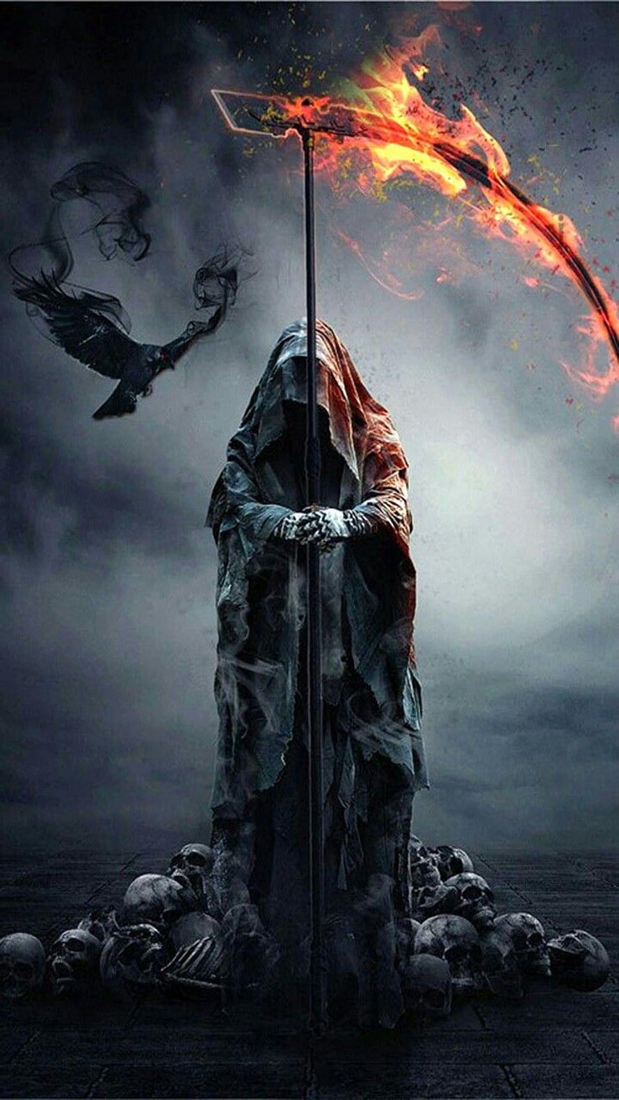 Grim Reaper holding a flaming scythe standing over a pile of skulls in dark mist HD phone wallpaper