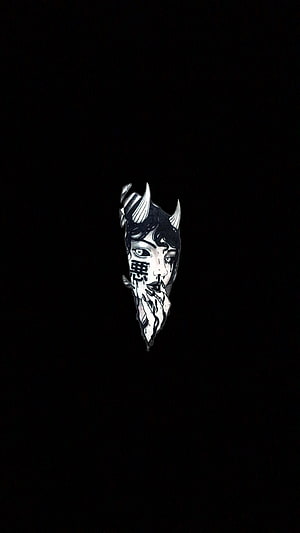 Gothic Demon Girl Face Illustration with Horns and Kanji on Black Background HD phone wallpaper