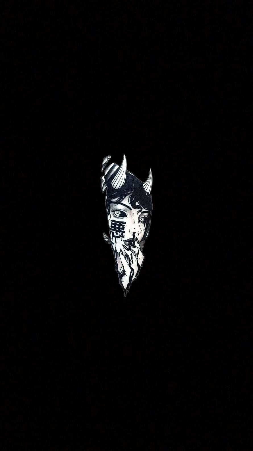 Gothic Demon Girl Face Illustration with Horns and Kanji on Black Background HD phone wallpaper