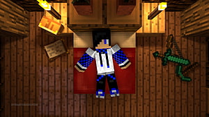 Minecraft Character Lying on Red Carpet in Wooden Room with Diamond Sword HD wallpaper