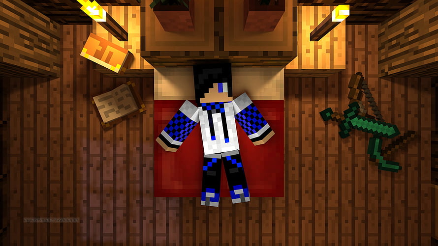 Minecraft Character Lying on Red Carpet in Wooden Room with Diamond Sword HD wallpaper