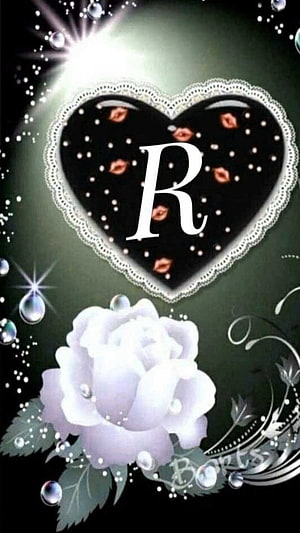 Elegant Black Heart with Letter R and White Rose on Dark Background HD phone wallpaper