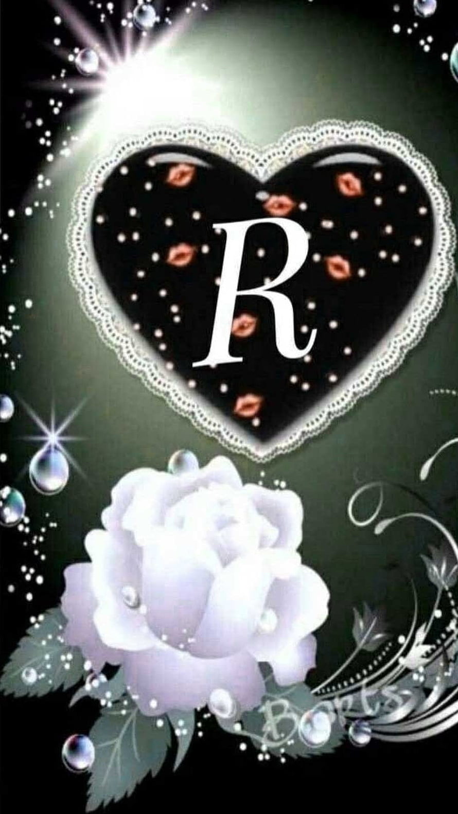 Elegant Black Heart with Letter R and White Rose on Dark Background HD phone wallpaper