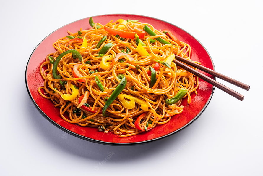 Stir-Fried Chow Mein Noodles with Colorful Bell Peppers and Chopsticks on a Red Plate HD wallpaper