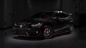 Black Honda Civic Type R with Red Accents in a Dark Garage Setting HD wallpaper