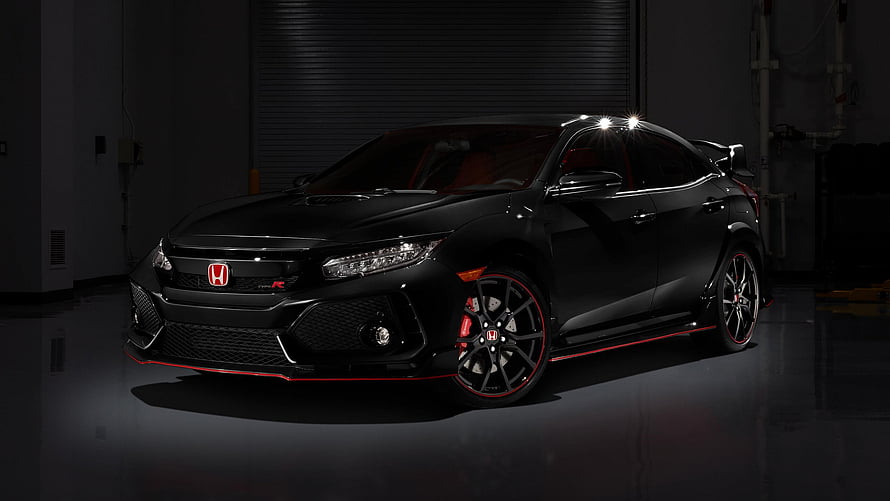 Black Honda Civic Type R with Red Accents in a Dark Garage Setting HD wallpaper