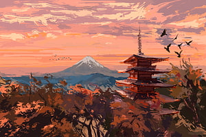 Japanese Pagoda and Mount Fuji at Sunset Digital Painting Landscape HD wallpaper