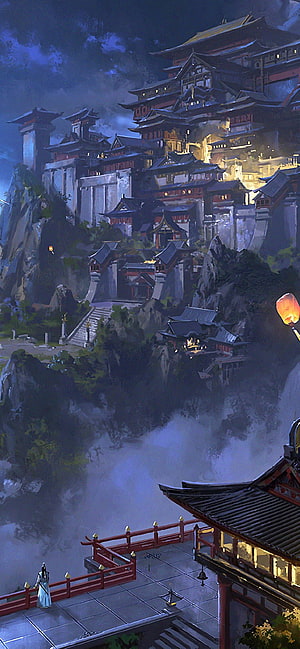 Mystical Japanese Mountain Temple Complex at Night with Mist and Lanterns HD phone wallpaper