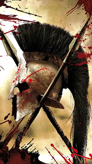 Spartan Warrior Helmet with Blood Splatter and Crossed Spears HD phone wallpaper