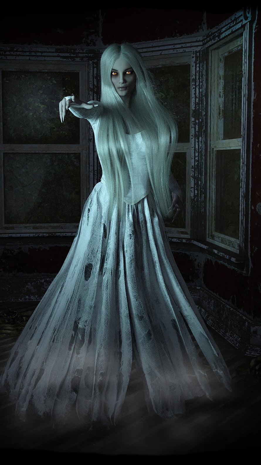 Ethereal Ghost Girl in Tattered White Dress with Glowing Red Eyes in Dark Abandoned Room HD phone wallpaper