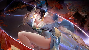Honor of Kings female warrior character in flowing blue kimono with glowing energy effects and autumn maple leaves HD wallpaper