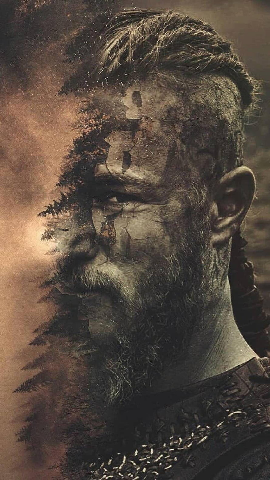 Ragnar Lothbrok Double Exposure Portrait with Forest Silhouette and Chainmail Armor HD phone wallpaper