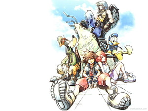 Kingdom Hearts Final Mix Character Group Illustration with Sora, Riku, Donald, Goofy, and Kairi HD wallpaper