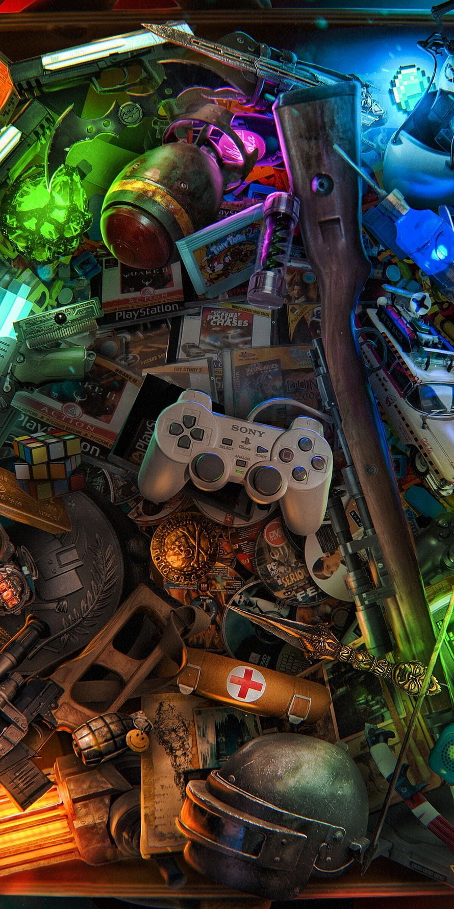 Retro Gaming Nostalgia with Vintage PlayStation Controller and War Memorabilia HD phone wallpaper