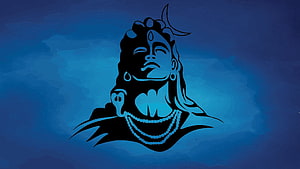 Lord Shiva Adiyogi Silhouette Portrait With Crescent Moon And Blue Aura HD wallpaper