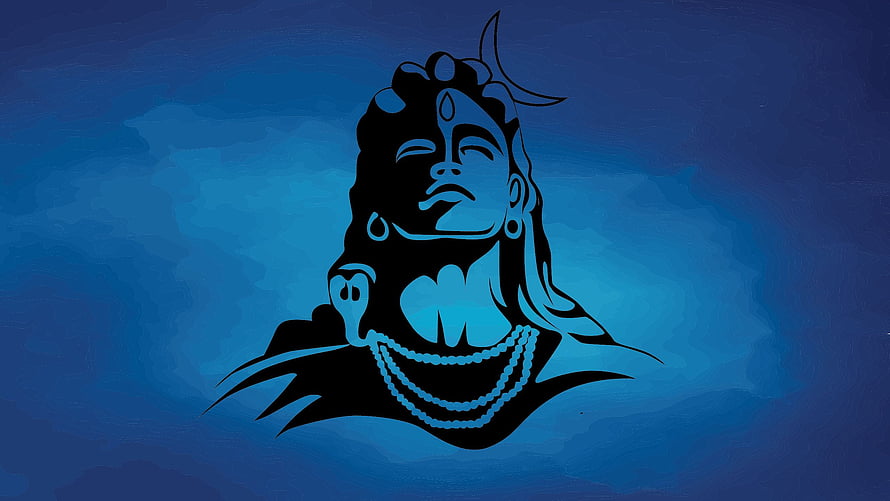 Lord Shiva Adiyogi Silhouette Portrait With Crescent Moon And Blue Aura HD wallpaper