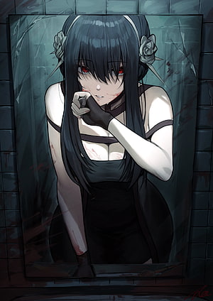 Yor Forger Dark Portrait in Black Dress with Red Eyes and Rose Hair Ornaments HD phone wallpaper