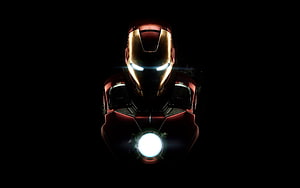 Iron Man Mark VII Armor Portrait with Glowing Arc Reactor and Eyes on Black Background HD wallpaper