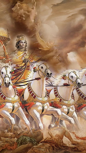 Arjuna Chariot Scene from the Mahabharata Epic with Krishna as Charioteer HD phone wallpaper