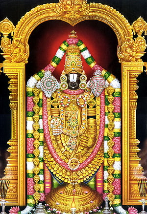 Tirupati Balaji Temple Deity Adorned in Gold and Floral Garlands HD phone wallpaper