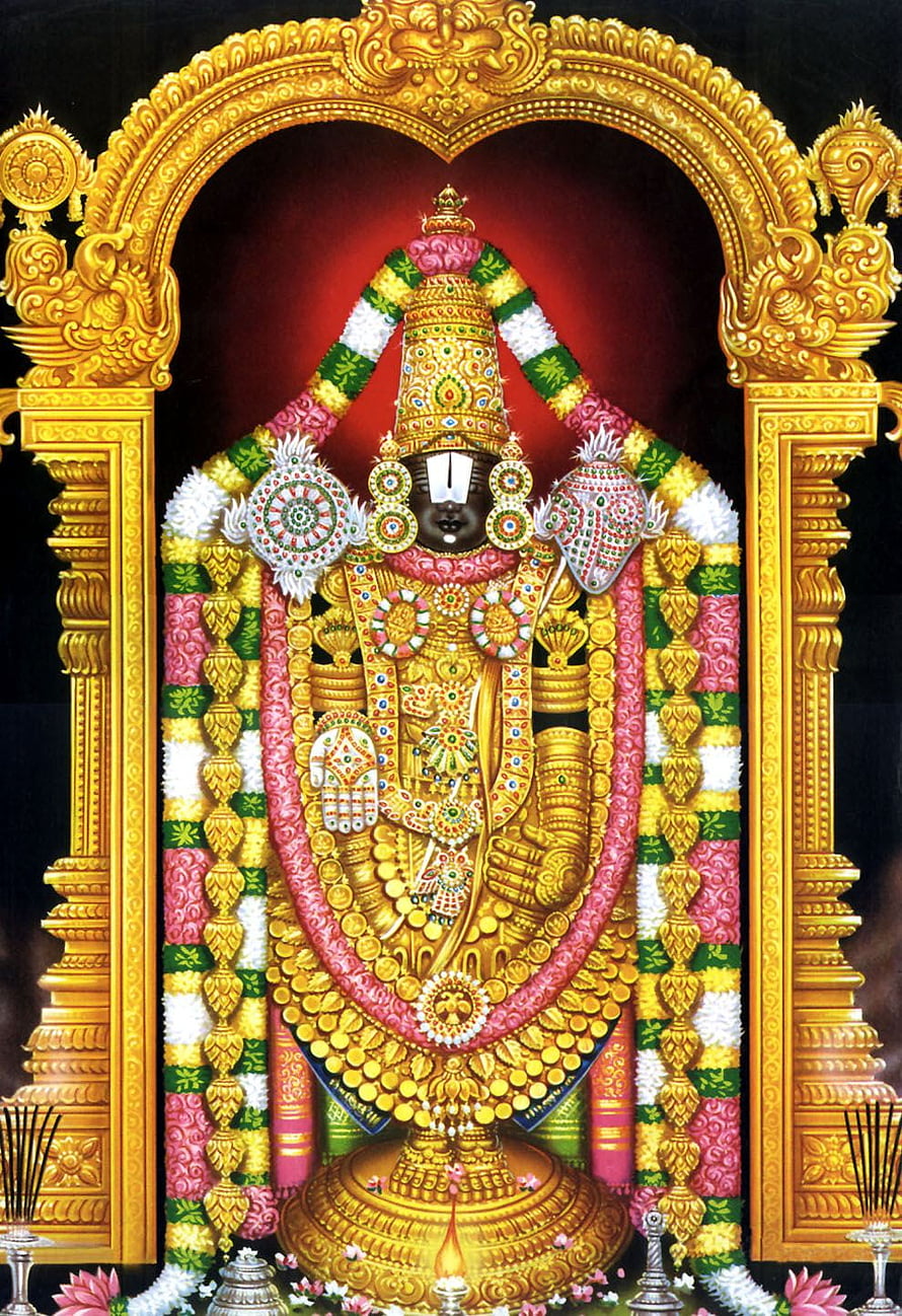 Tirupati Balaji Temple Deity Adorned in Gold and Floral Garlands HD phone wallpaper