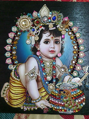 Laddu Gopal Baby Krishna Portrait with Ornate Jewelry and Decorative Frame HD phone wallpaper