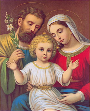 Holy Family Religious Painting Featuring Saint Joseph, Mary, and the Child Jesus HD phone wallpaper