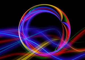 Vibrant Neon Light Trails Forming a Dynamic Circular Abstract Pattern on Black Background HD wallpaper