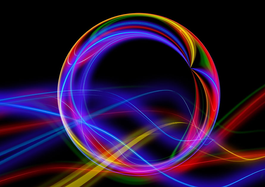 Vibrant Neon Light Trails Forming a Dynamic Circular Abstract Pattern on Black Background HD wallpaper
