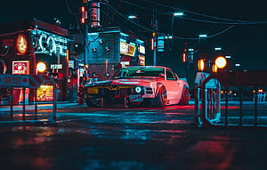 Cyberpunk Ford Mustang in Neon-Lit Night Street with Rainy Reflections HD wallpaper