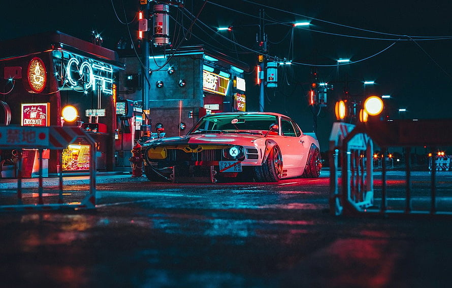 Cyberpunk Ford Mustang in Neon-Lit Night Street with Rainy Reflections HD wallpaper