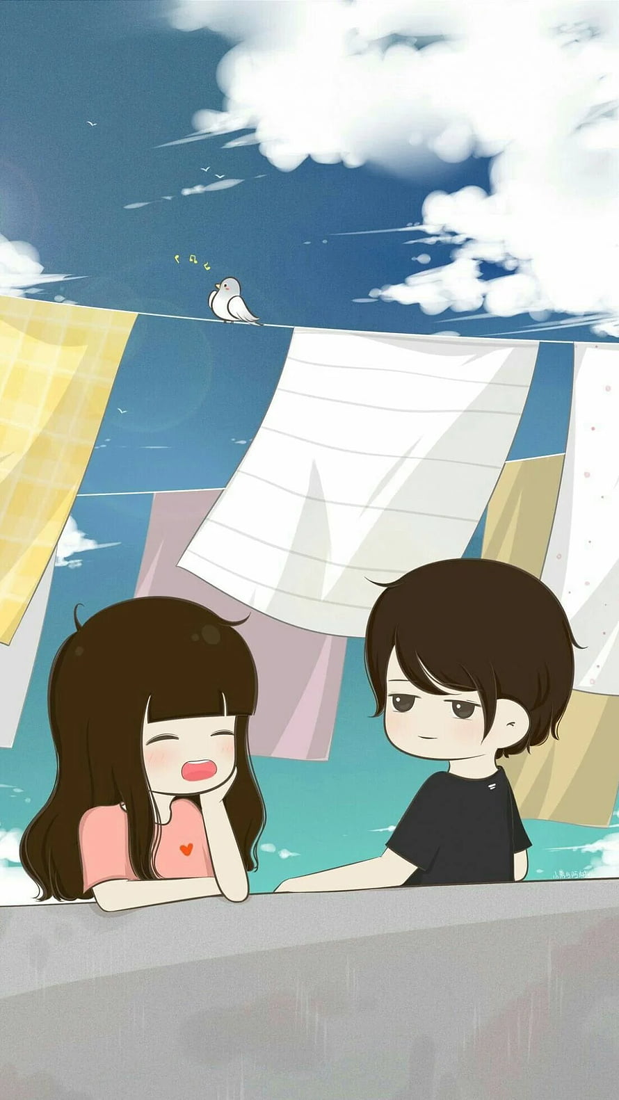 Cute Anime Couple Leaning on Balcony with Laundry and Singing Bird HD phone wallpaper