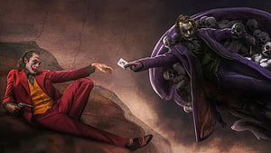 Joker as Joaquin Phoenix and Heath Ledger in Michelangelo Creation of Adam Style HD wallpaper