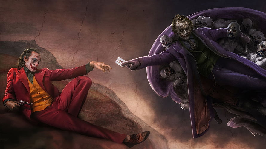Joker as Joaquin Phoenix and Heath Ledger in Michelangelo Creation of Adam Style HD wallpaper